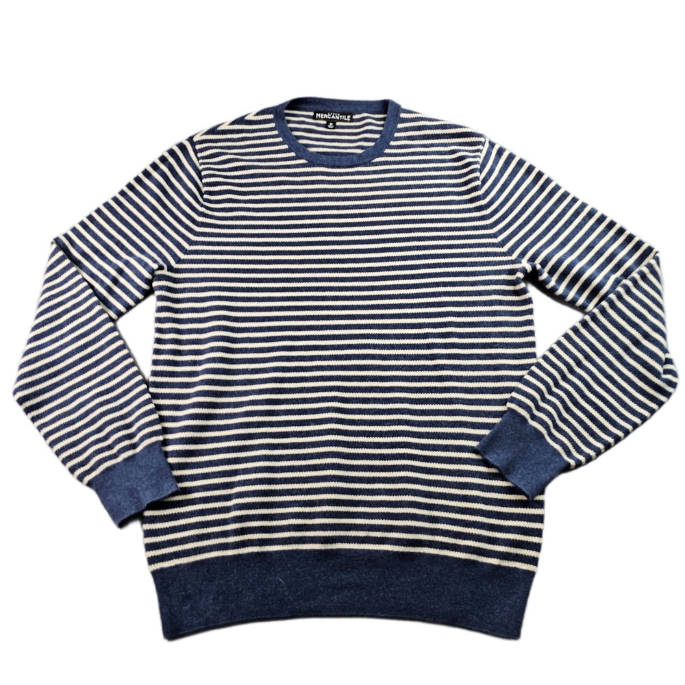 J.Crew Mercantile Sweater Men Medium Blue Beige Striped Warm Cozy Comfy Crewneck